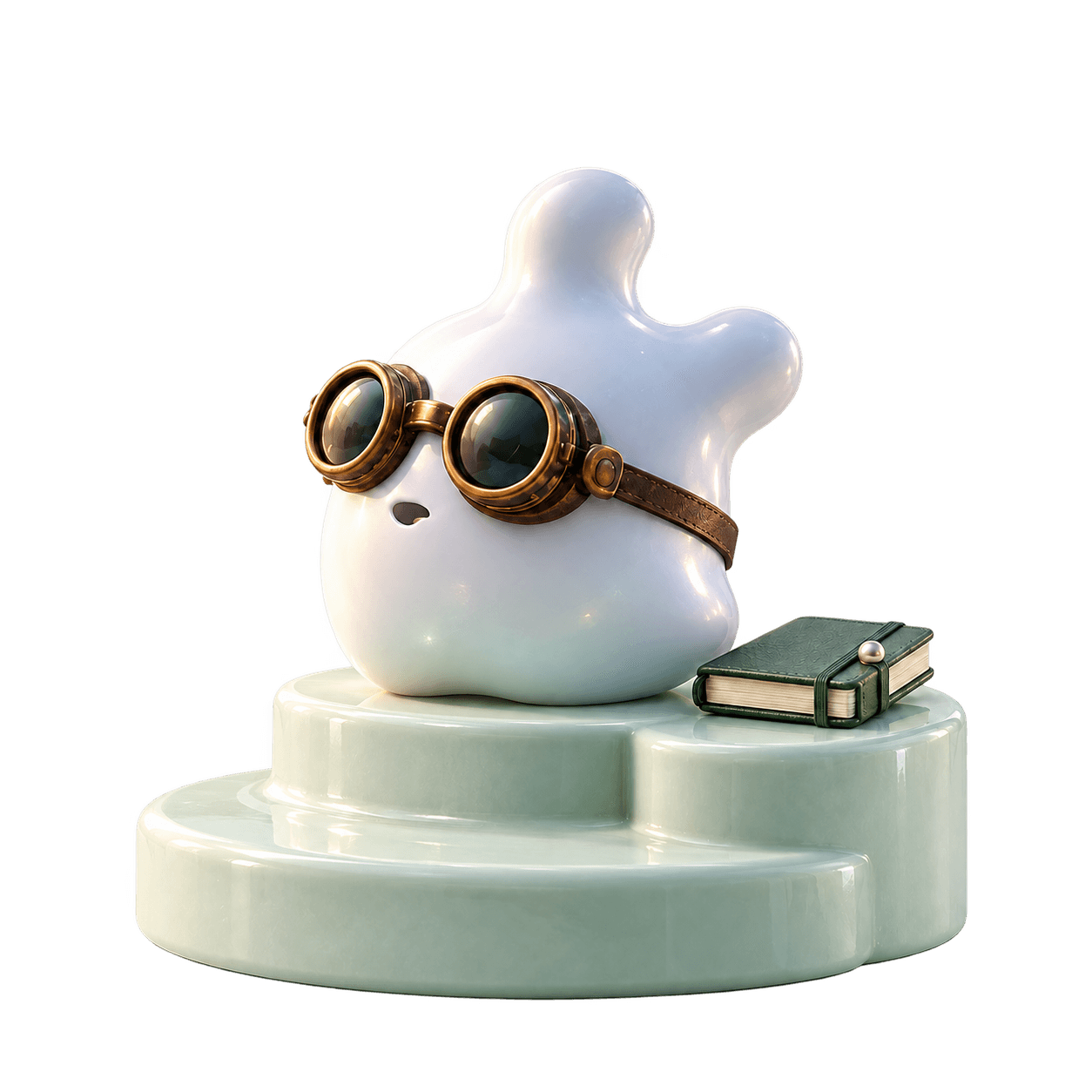 A pearly white studio companion wearing bronze goggles, beside a green notebook on a ceramic pedestal