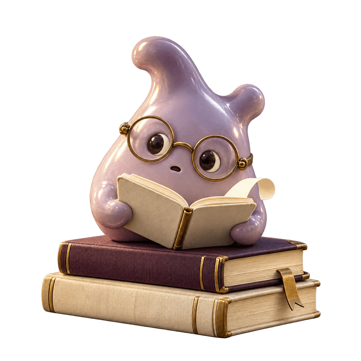 A lavender ceramic reader with brass spectacles and an open notebook, perched on plum and parchment books