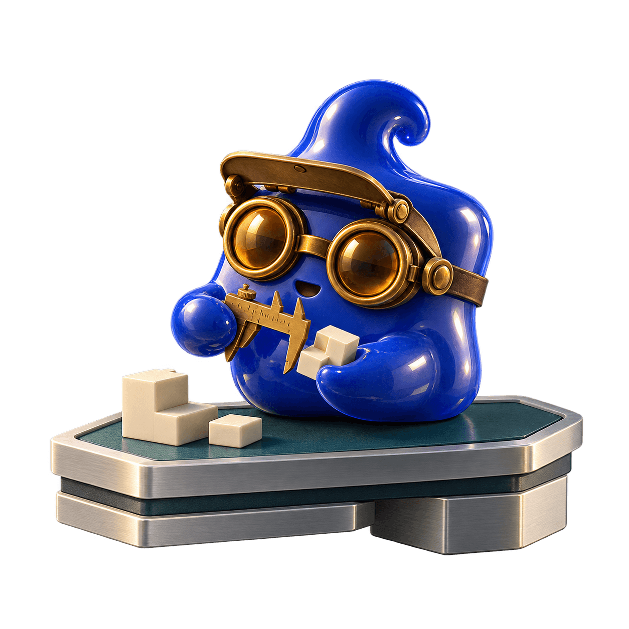 A cobalt-blue maker with brass goggles and precision tools, on a geometric aluminium workbench